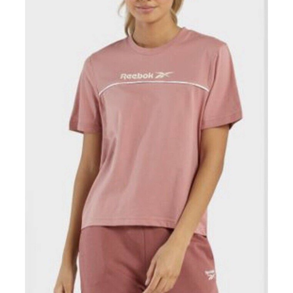NWT Reebok Womens Foundation Linear Tee Shirt Size Small Short Sleeve Pink Logo